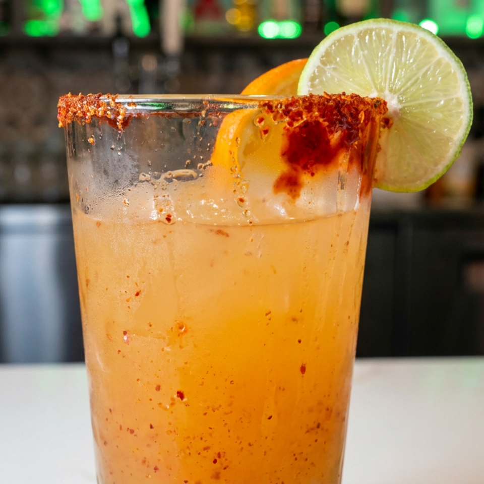 Orange cocktail with a chili-salt rim, lime and orange garnishes, served at a dimly lit bar.
