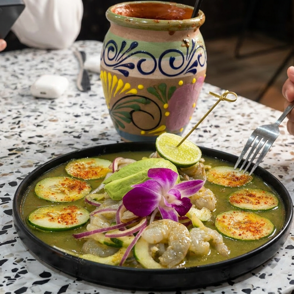 Shrimp ceviche with cucumber, avocado, red onion, lime, and orchid garnish on a black plate, served with a colorful ceramic cup.