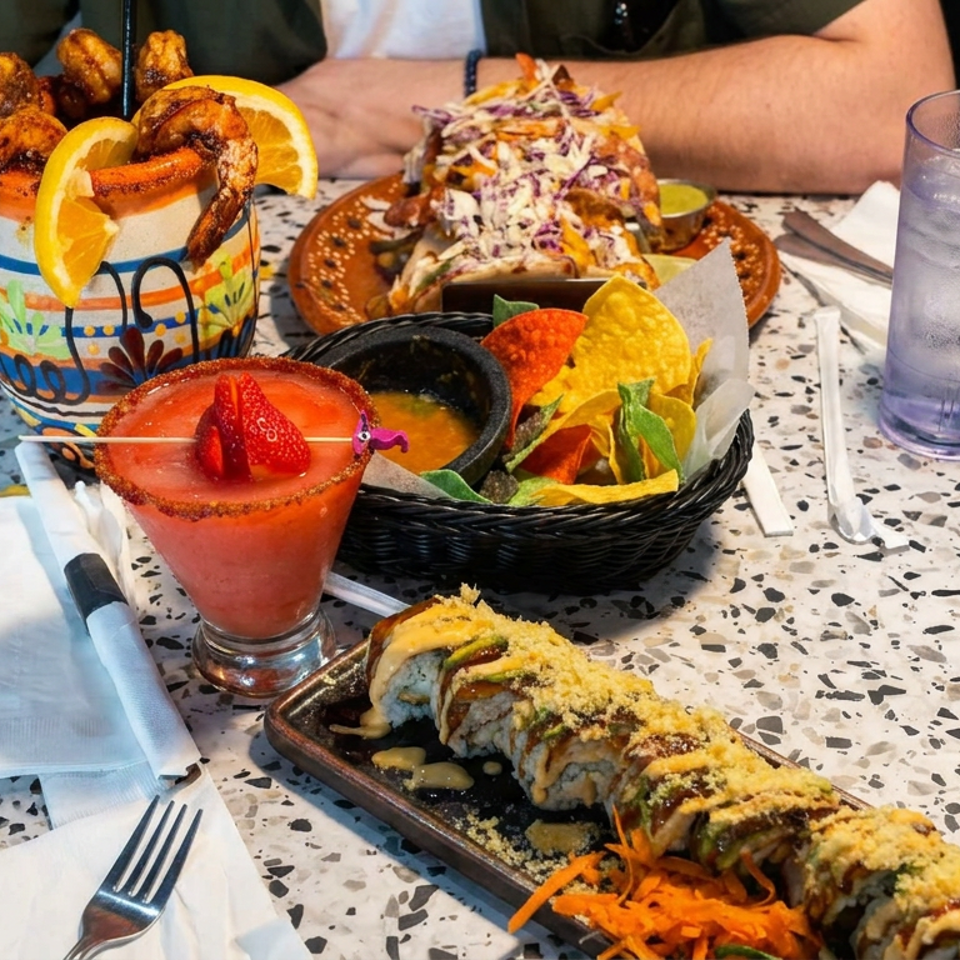 Mexican meal spread with shrimp, tacos, nachos, enchiladas, a strawberry cocktail, and a decorative shrimp-filled mug.