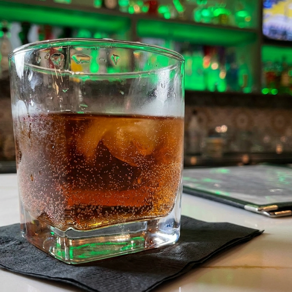 Amber cocktail with ice and bubbles in a rocks glass on a black napkin at a green-lit bar.