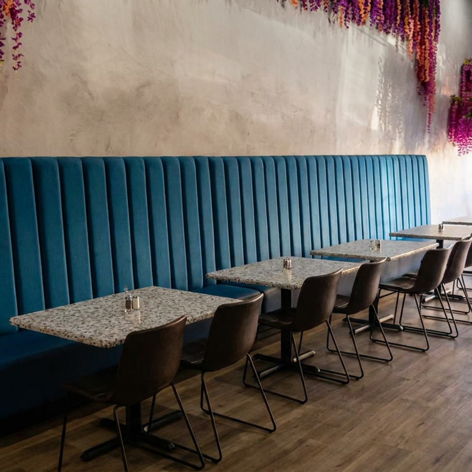 Restaurant dining area with a long teal banquette, marble tables, dark chairs, wood flooring, and hanging purple flowers.