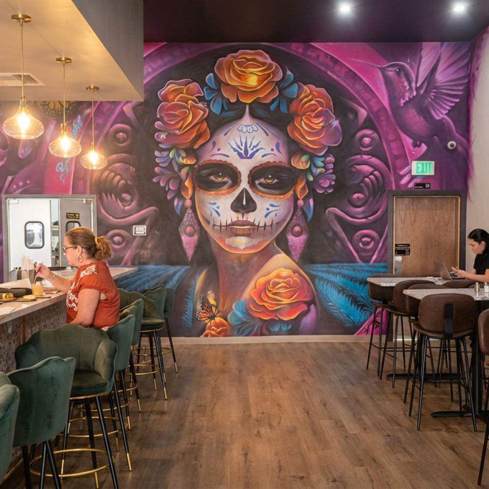 Colorful Mexican restaurant interior featuring a large Día de los Muertos mural, bar seating, pendant lights, and diners.