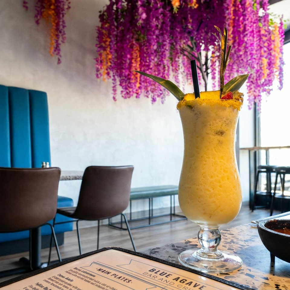 Yellow tropical smoothie garnished with pineapple leaves beside a bowl of sauce on a restaurant table with blue seating and hanging flowers.