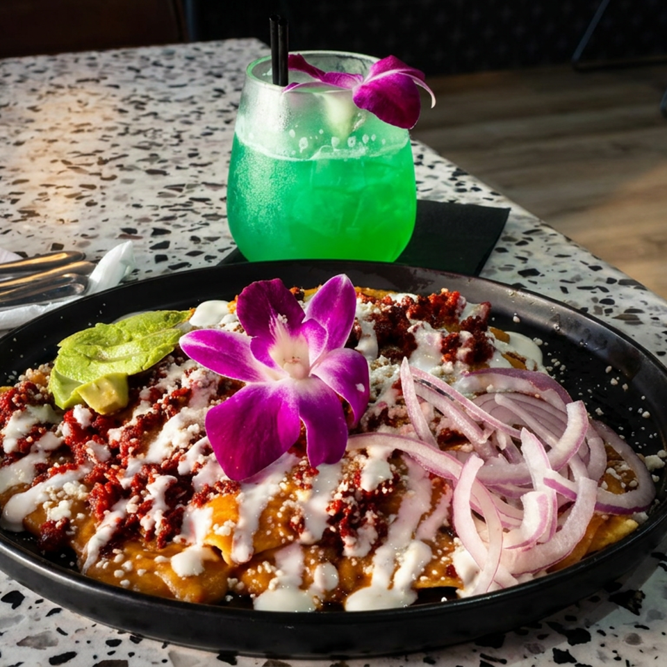 Loaded Mexican dish topped with avocado, crema, red onions, chili, and an orchid beside a bright green cocktail.