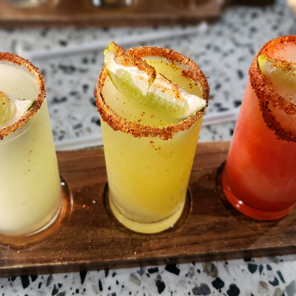 Three colorful lime-garnished cocktails with chili-salt rims served on a wooden tasting board.