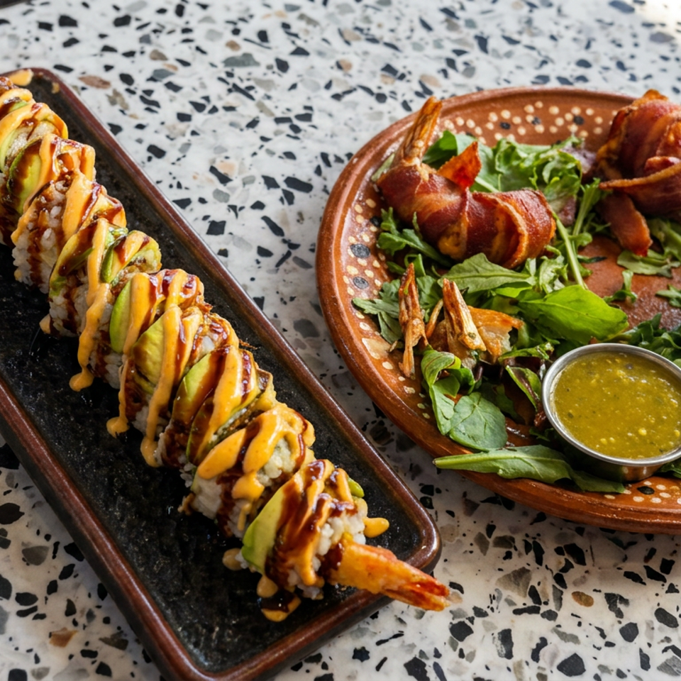 Sushi roll topped with avocado and orange sauce beside bacon-wrapped shrimp, mixed greens, and dipping sauces on patterned plates.