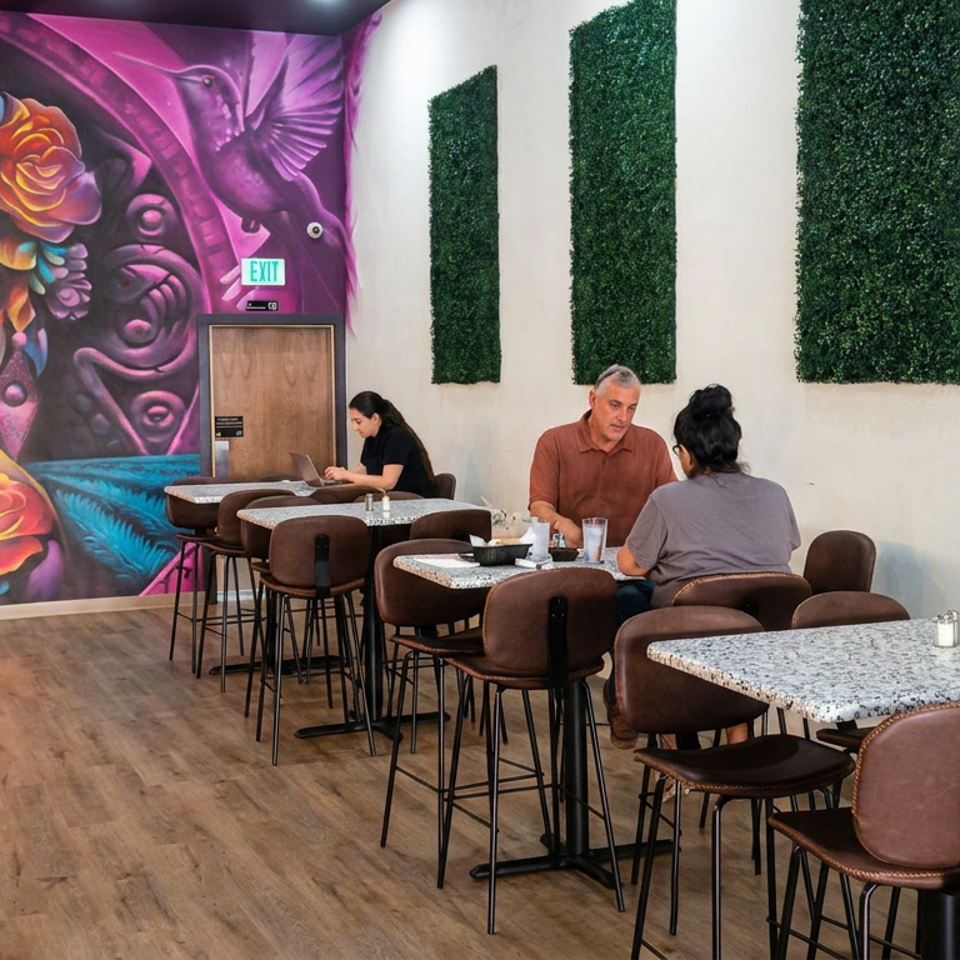 Restaurant dining room featuring a vibrant Día de los Muertos mural, greenery panels, marble tables, and several seated diners.