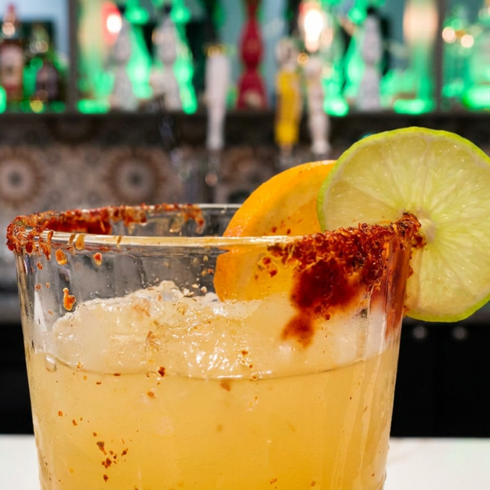 Citrus cocktail with ice, chili-salt rim, lime and orange garnishes, displayed against a warmly lit bar.