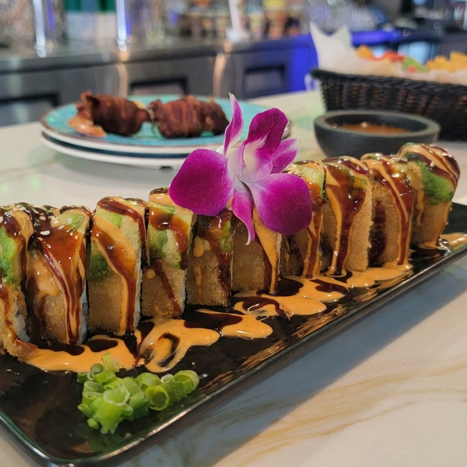 Sushi roll pieces drizzled with sauces and garnished with an orchid and scallions on a black plate.